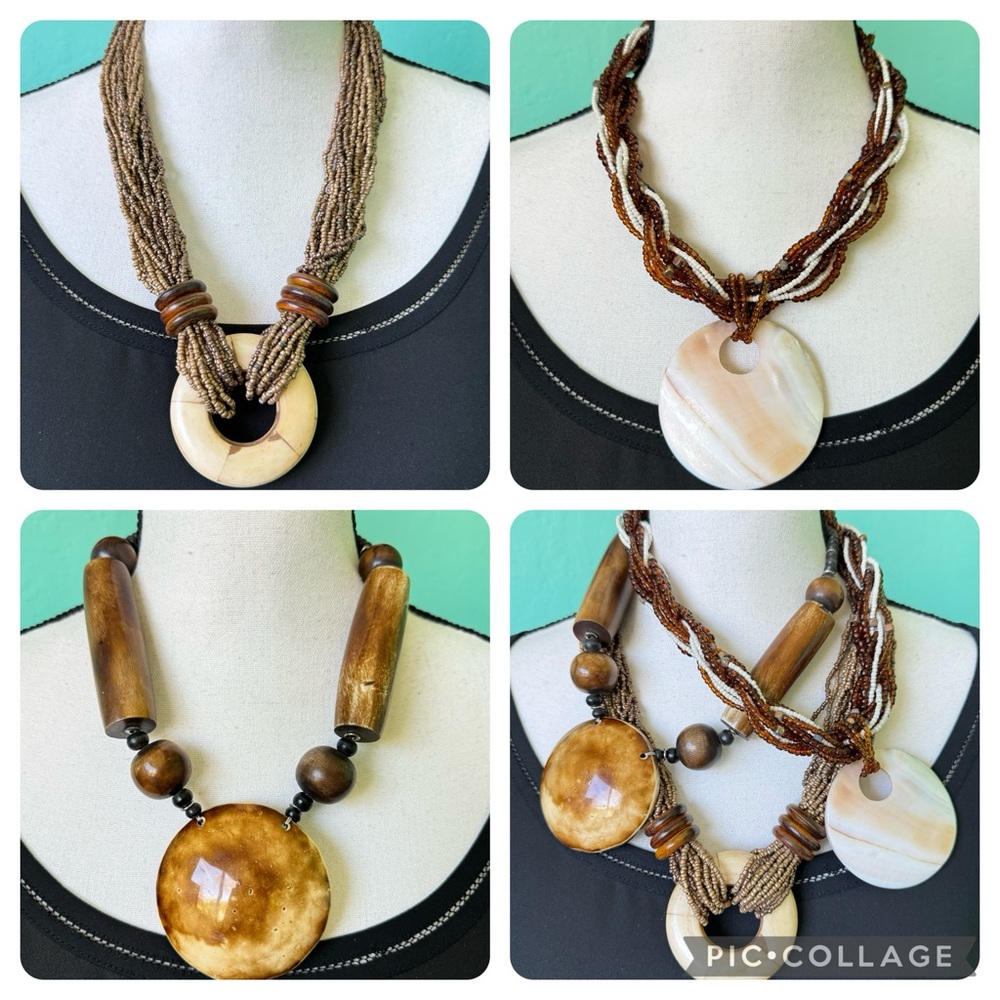 3 Pc Necklace Bundle Tribal Boho Chunky Statement Resort Tropic Beaded Bronze